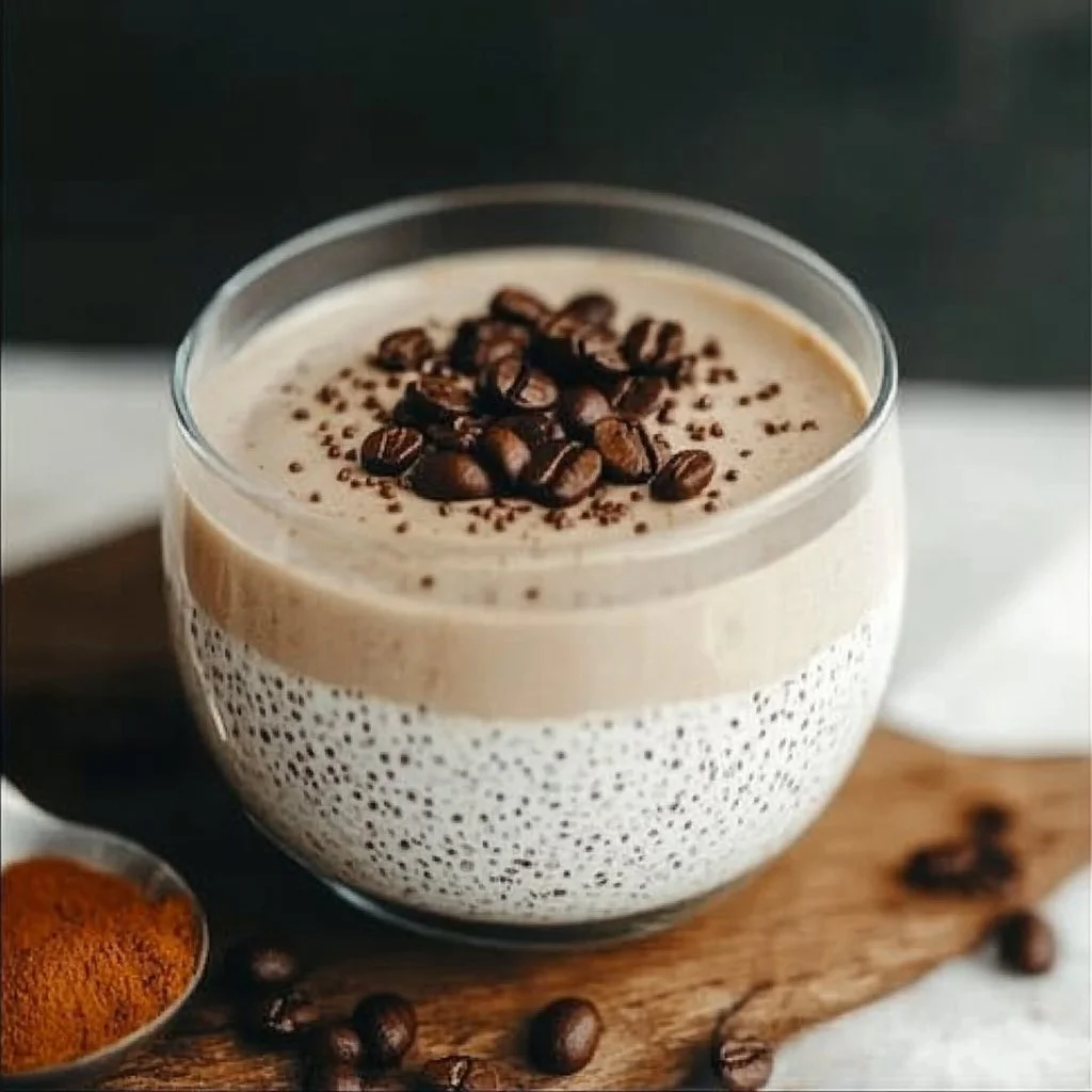 Delicious coffee protein pudding topped with whipped cream and coffee beans