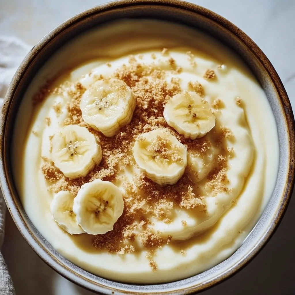 Delicious cottage cheese banana pudding in a bowl topped with banana slices.