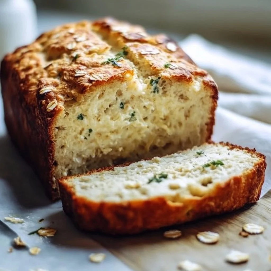 Homemade Cottage Cheese Oat Bread loaf on a wooden table