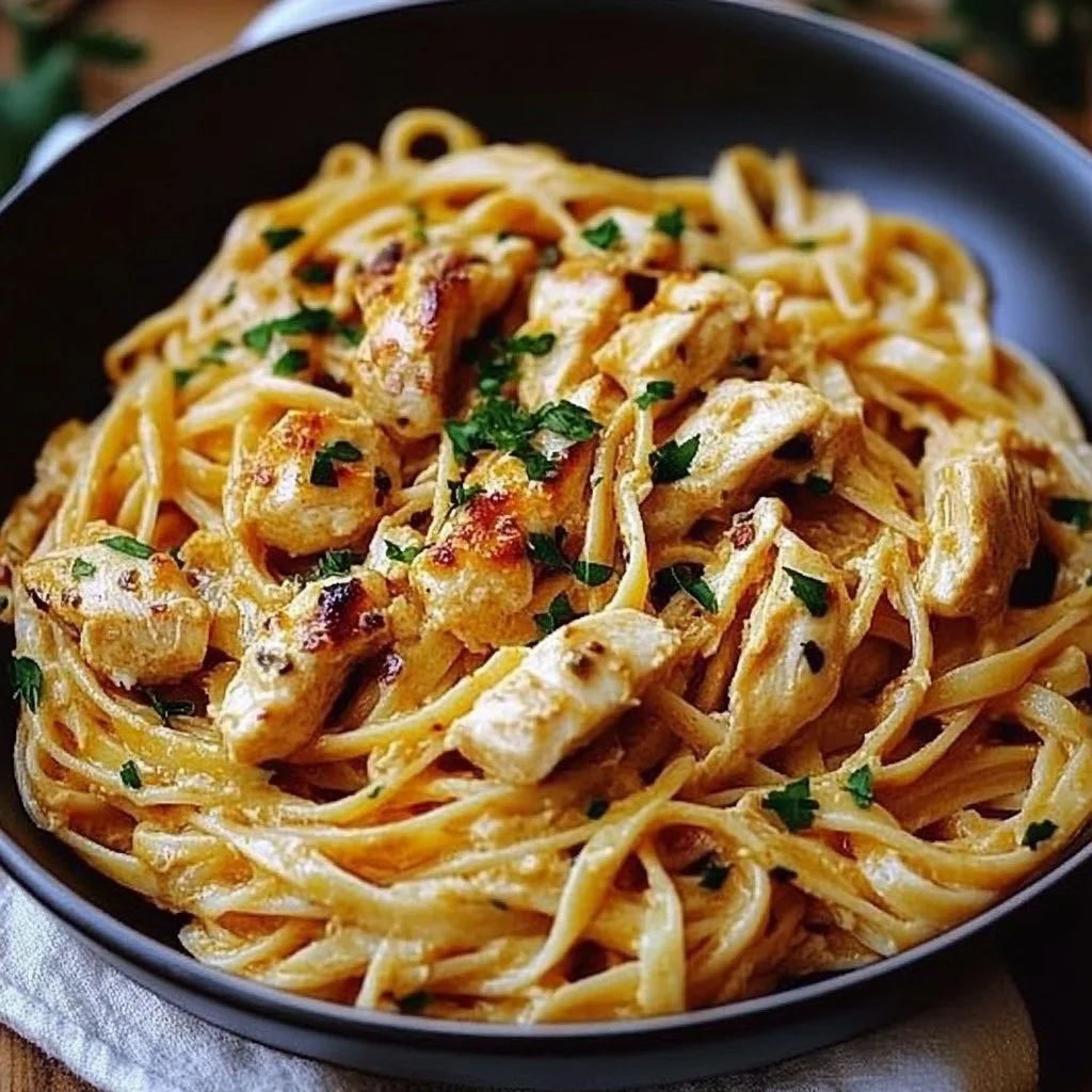 Plate of Cowboy Butter Chicken Linguine garnished with herbs