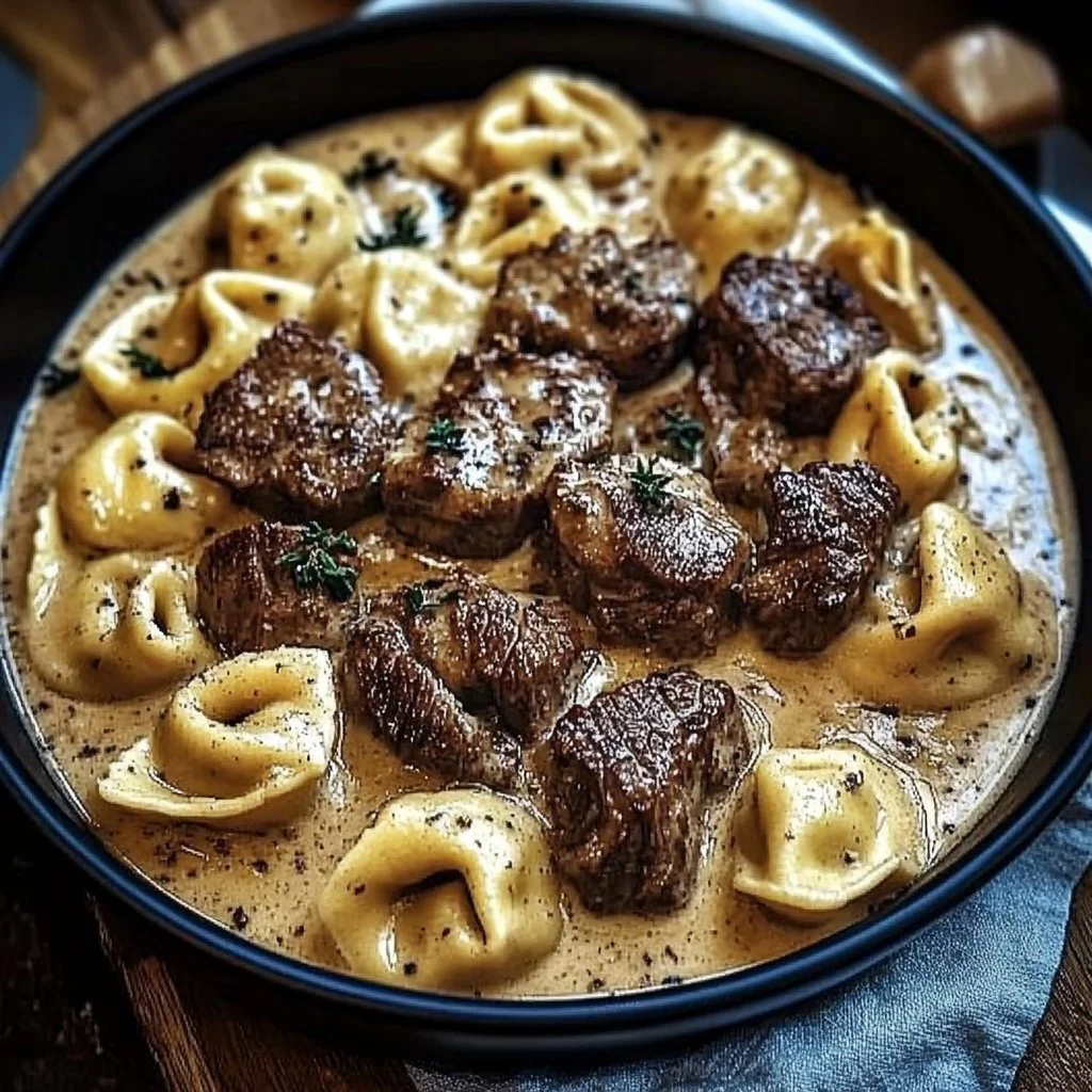 Cracked Garlic Steak Tortellini served with Creamhouse Sauce on a plate