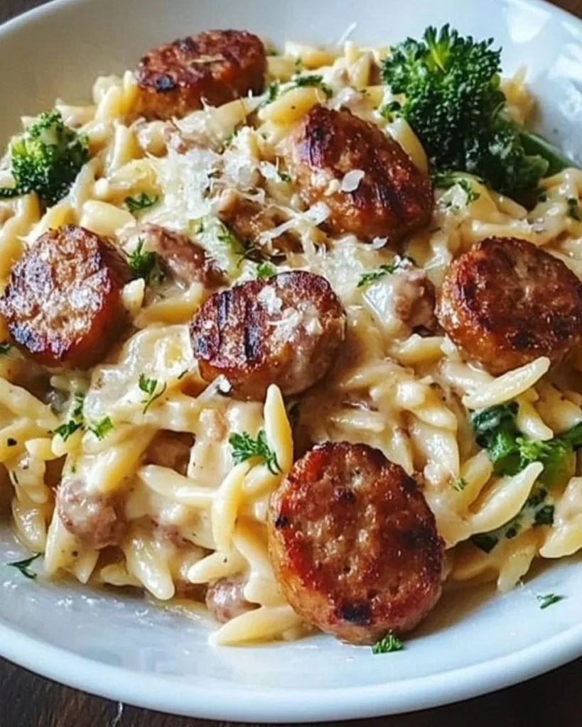 Creamy chicken sausage orzo served in a bowl garnished with herbs