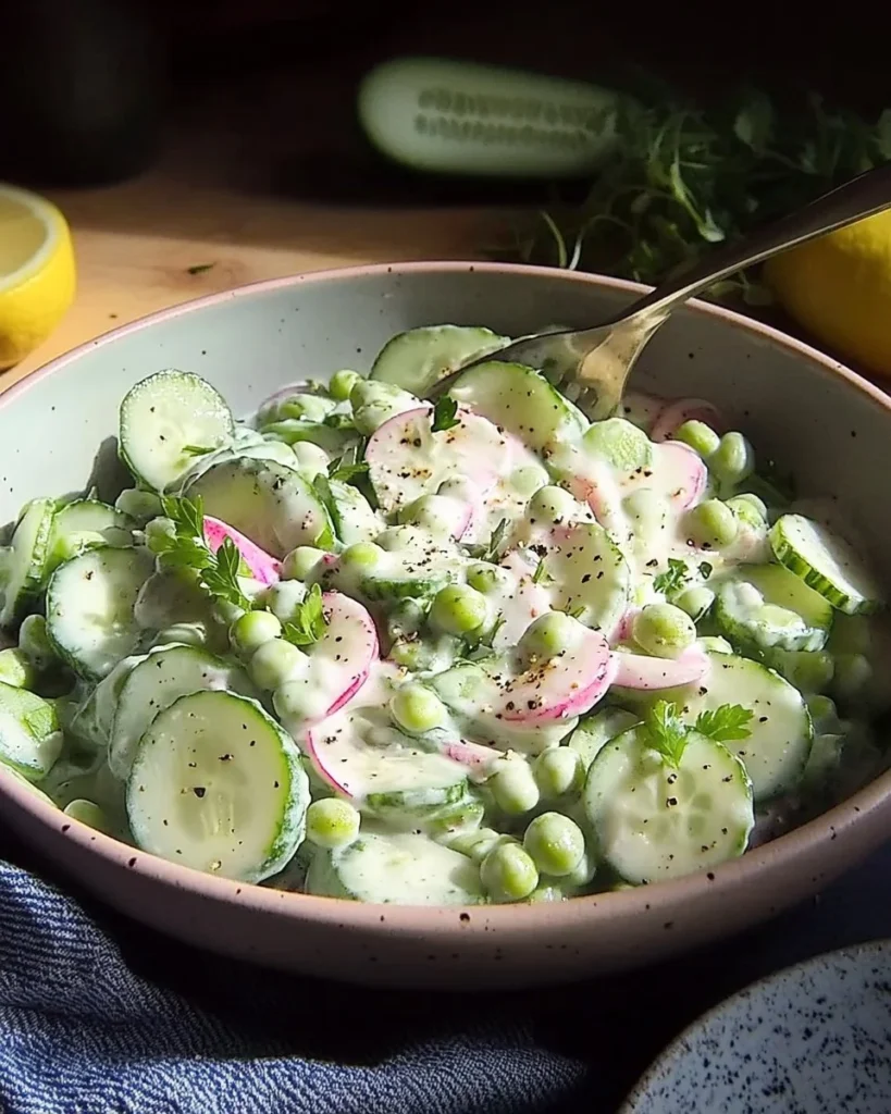 Creamy cucumber pea salad with fresh vegetables in a bowl