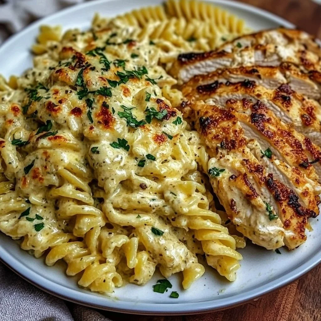 Creamy garlic parmesan chicken pasta dish served on a plate