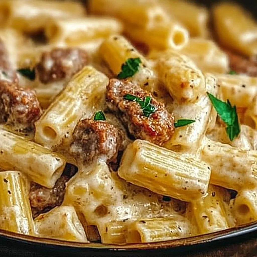 Creamy Italian sausage rigatoni served in a bowl, garnished with parsley.