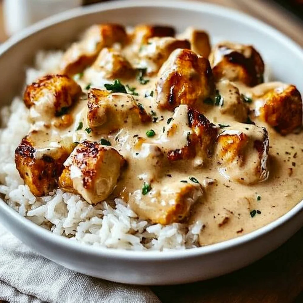 Delicious creamy smothered chicken served with rice for a comforting dinner