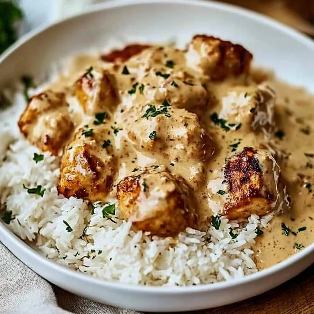 Creamy smothered chicken served over rice for a delicious weeknight dinner.