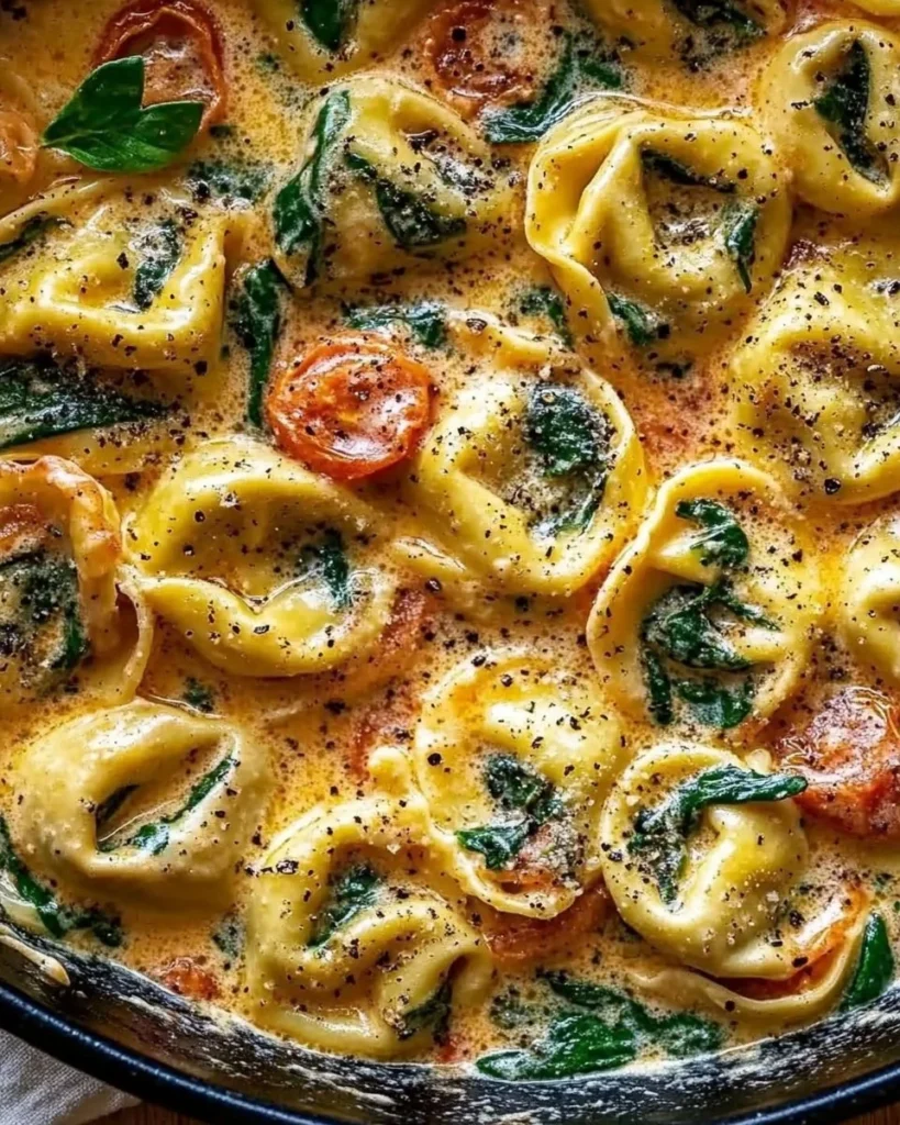 Creamy spinach tomato tortellini dish garnished with basil