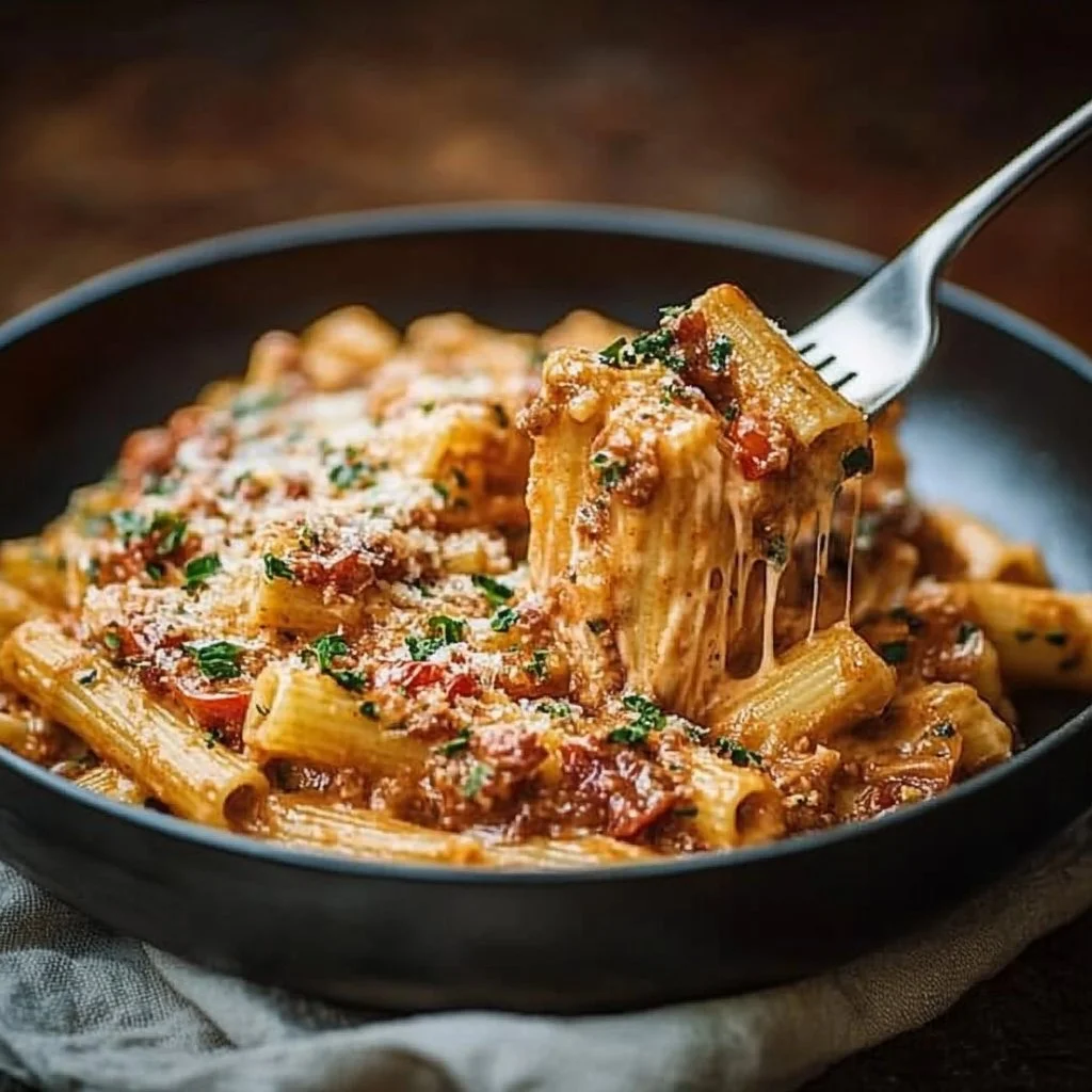 Delicious creamy tomato garlic pasta served in a bowl