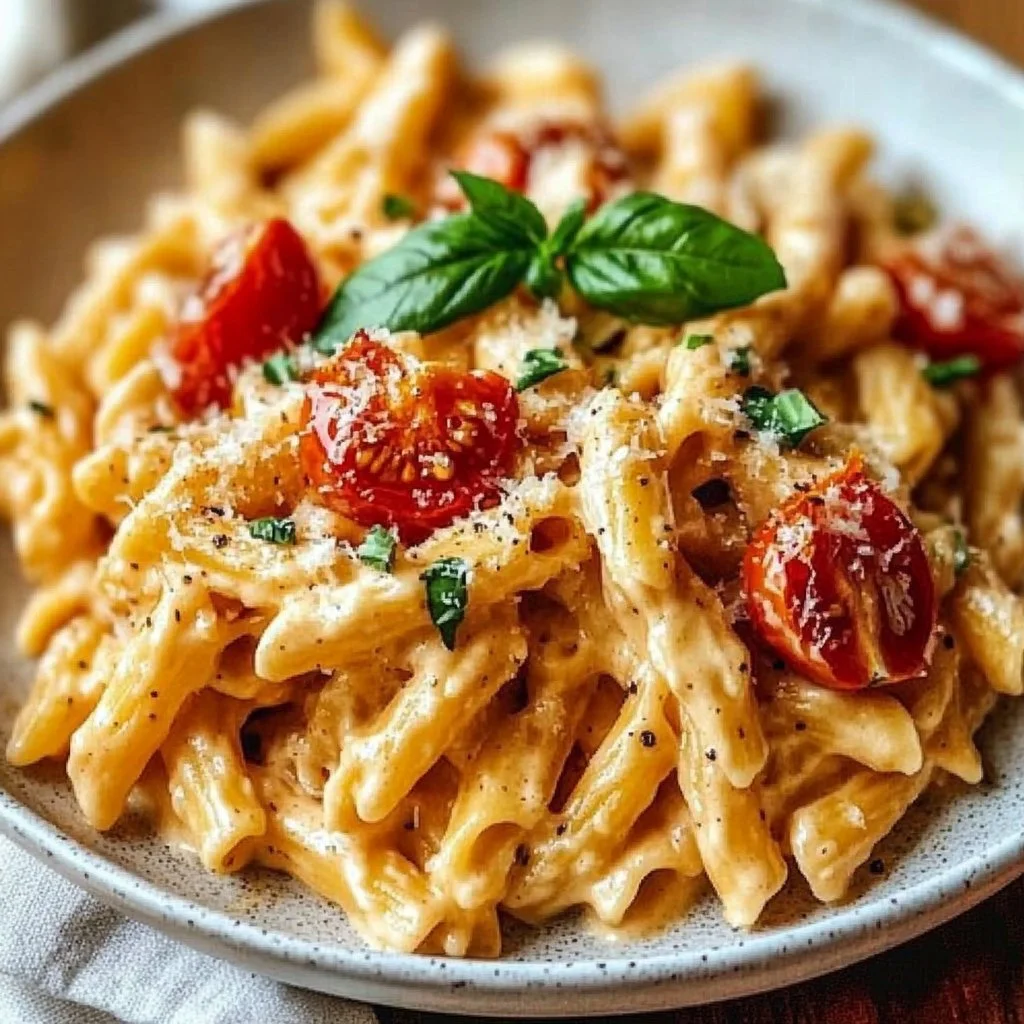 Creamy tomato pasta dish garnished with basil, ideal for a quick family dinner.