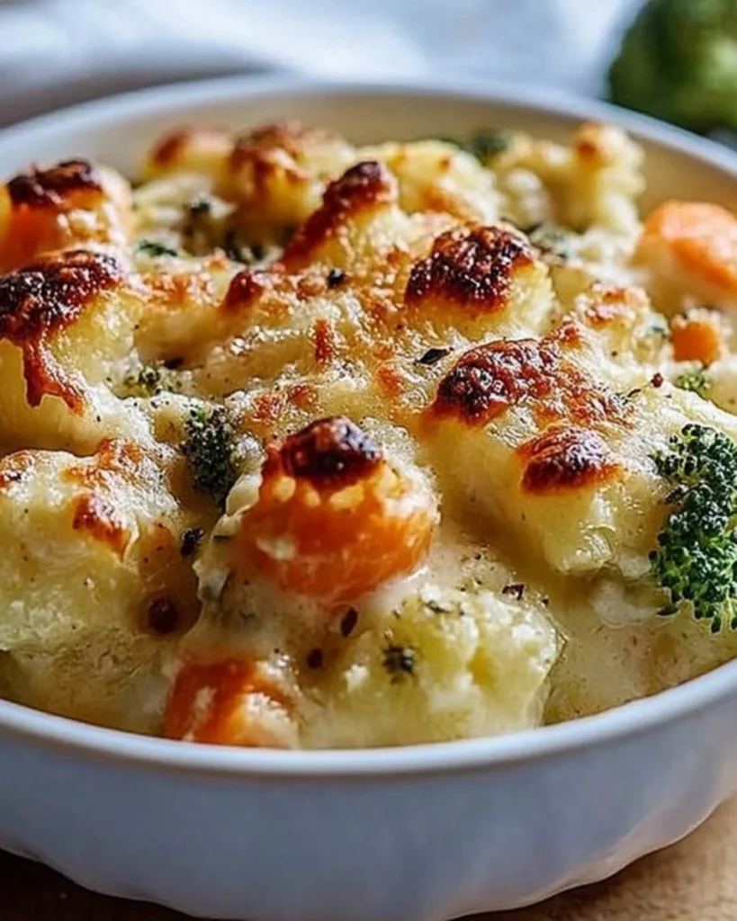 Creamy winter vegetable casserole topped with cheese and herbs in a baking dish