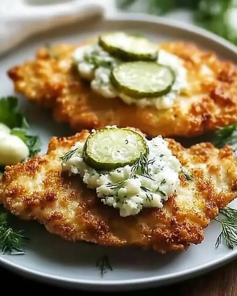 Crispy Dill Pickle Parmesan Chicken served with a side of dipping sauce