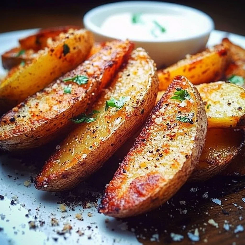 Crispy potato wedges perfectly seasoned and golden brown, served as a snack.
