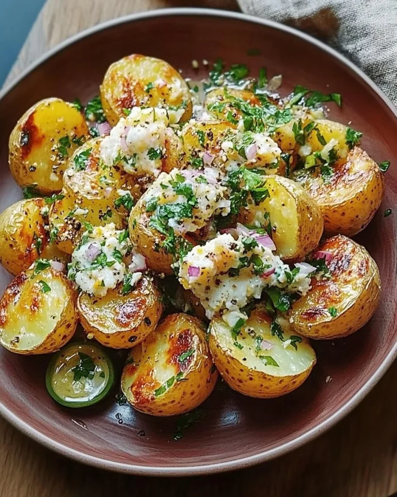 Crispy smashed potato salad with herbs and seasoning in a serving bowl.