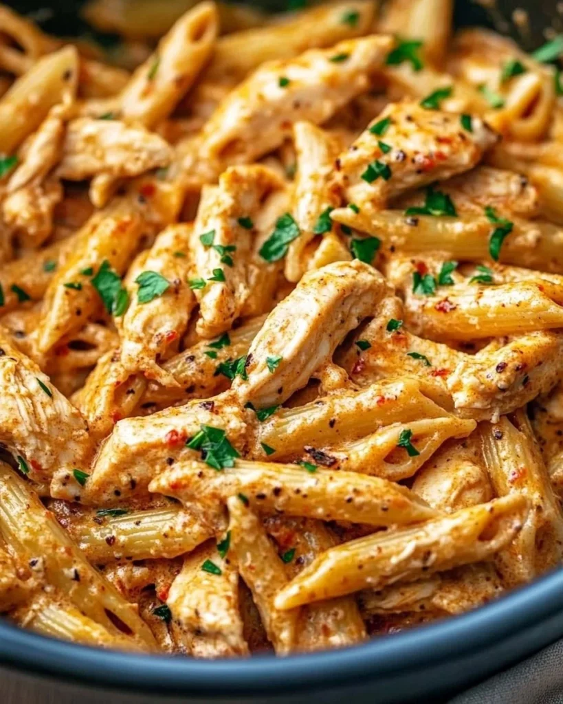 A bowl of Crock Pot Cajun Chicken Pasta garnished with herbs and spices.