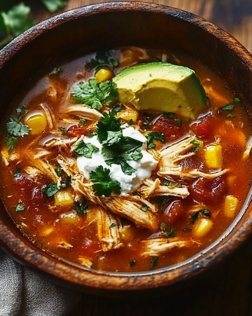 Bowl of delicious Crockpot Chicken Tortilla Soup with toppings