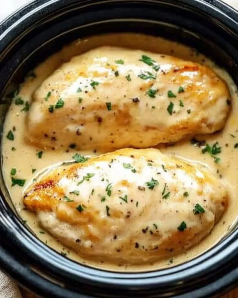 Crockpot Creamy Garlic Parmesan Chicken served with herbs