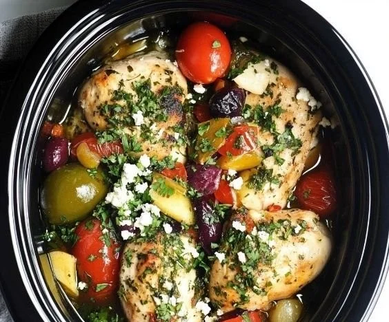 Plate of Crockpot Greek Chicken garnished with olives and herbs