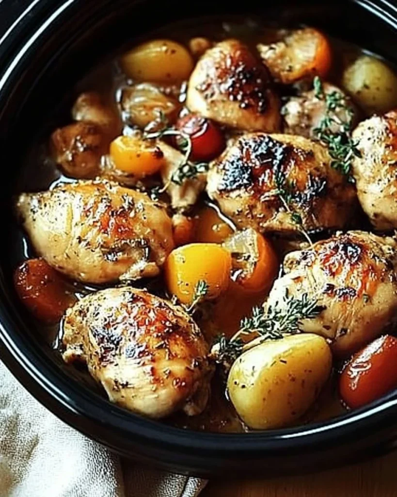 Crockpot Greek-Style Chicken served with fresh herbs and vegetables