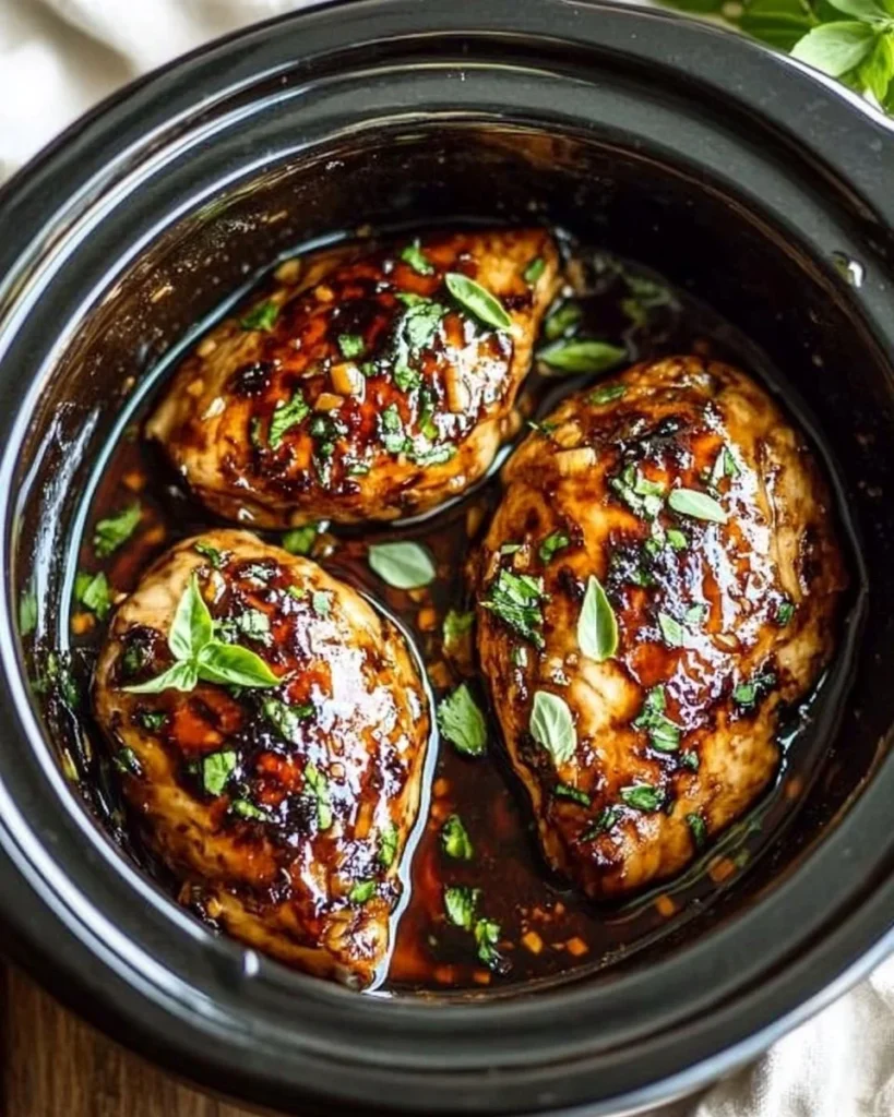 Crockpot Honey Balsamic Chicken served with vegetables on a plate