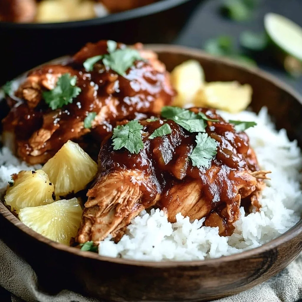 Crockpot Pineapple BBQ Chicken served in a bowl with fresh pineapple slices