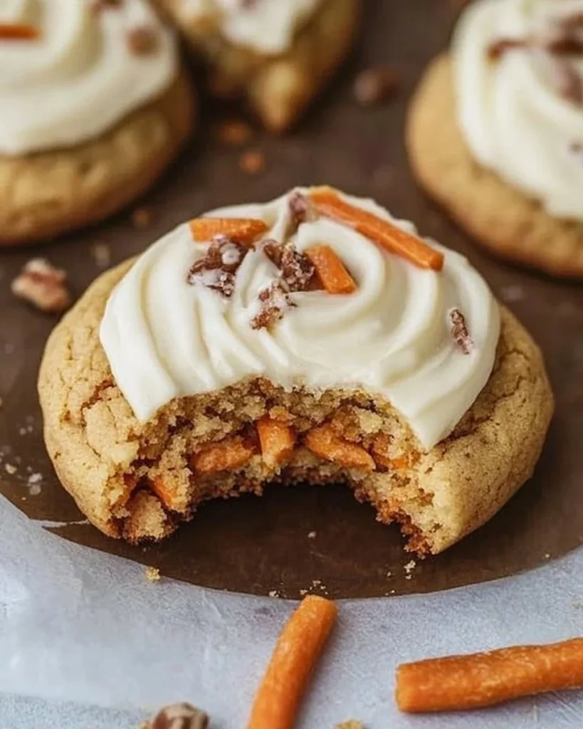 Delicious Crumbl carrot cake cookies with cream cheese frosting