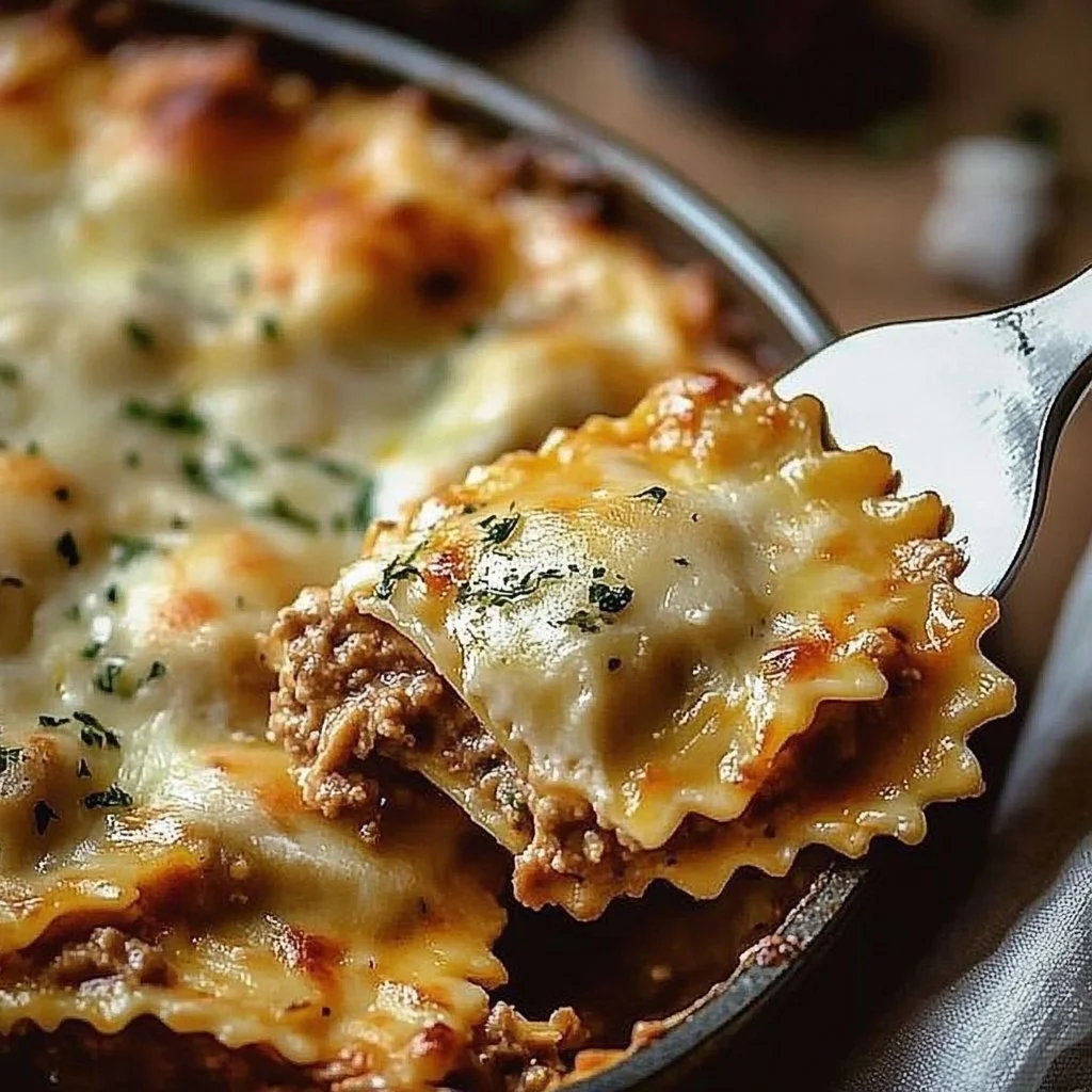 Delicious ravioli casserole fresh out of the oven, topped with melted cheese.