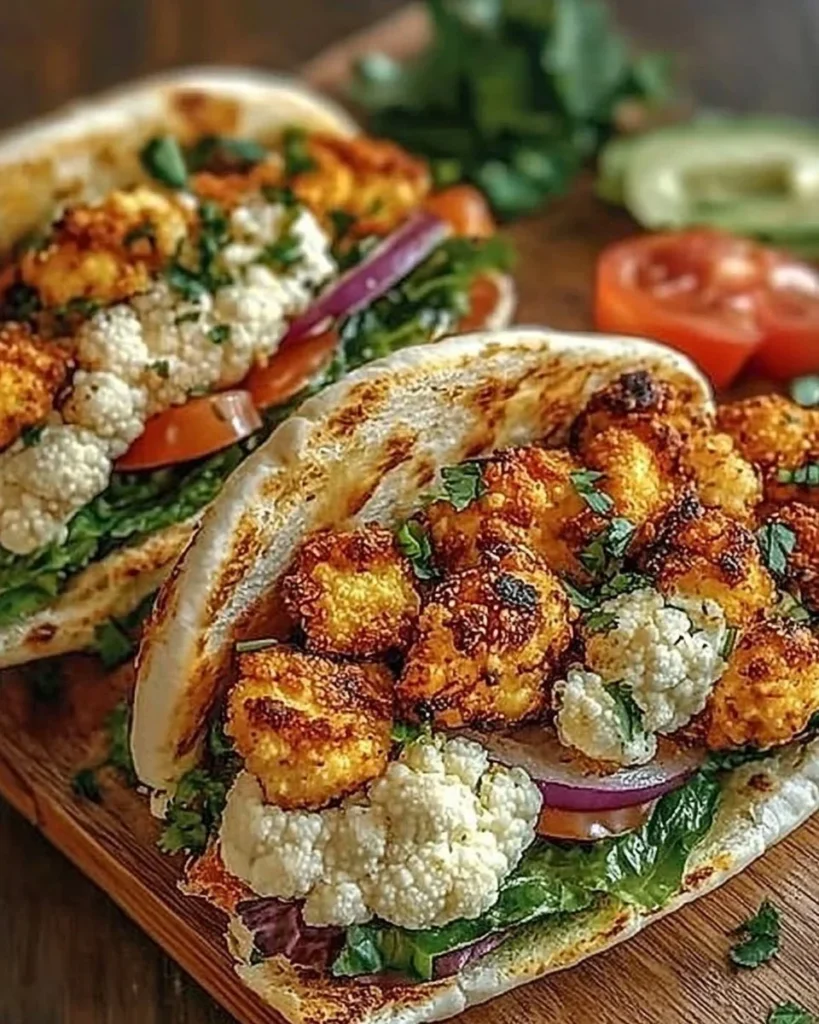 Delicious crispy cauliflower pita sandwiches served with fresh vegetables and sauce.