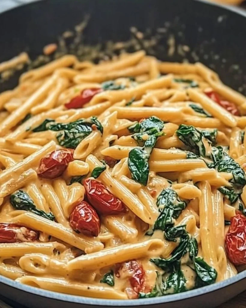 Bowl of delicious spinach tomato pasta garnished with fresh herbs