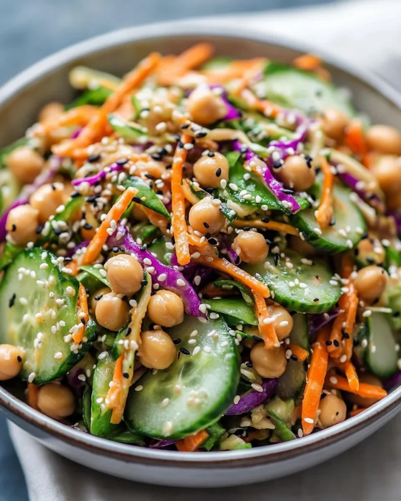 Easy Asian slaw with chickpeas and cucumber in a bowl