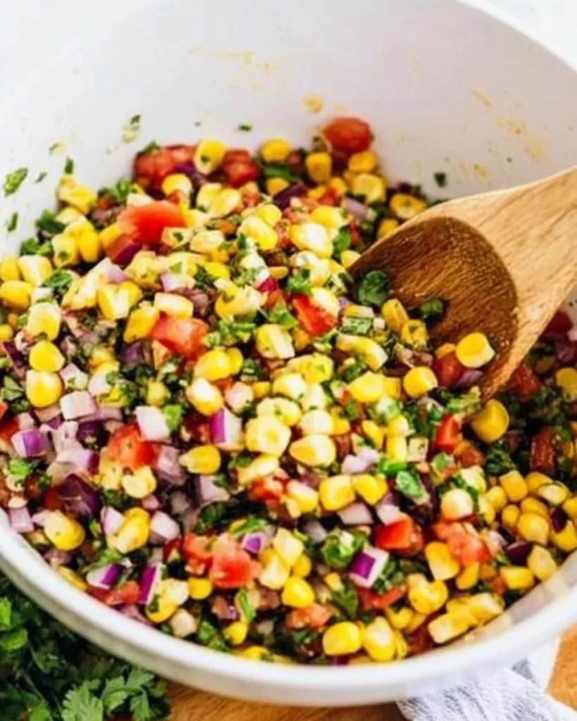 Bowl of easy corn salsa with colorful ingredients