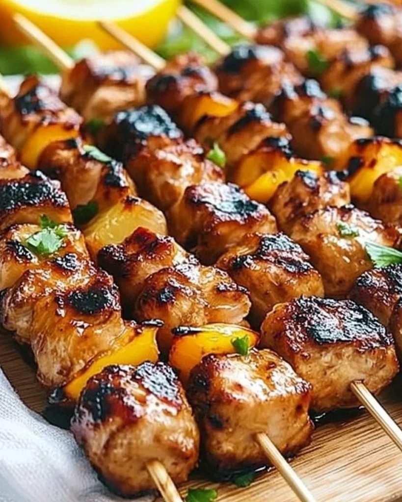 Delicious Easy Hawaiian Chicken Kabobs ready for grilling with colorful vegetables.