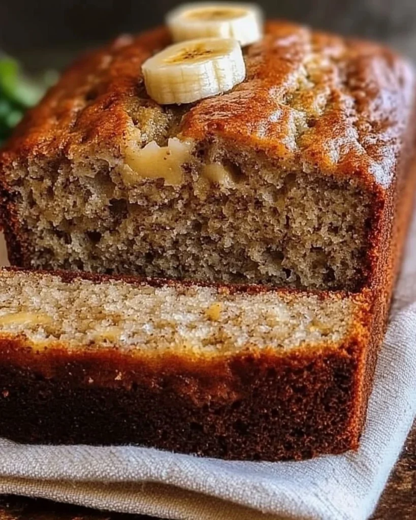 Slice of easy moist banana bread on a plate with ripe bananas