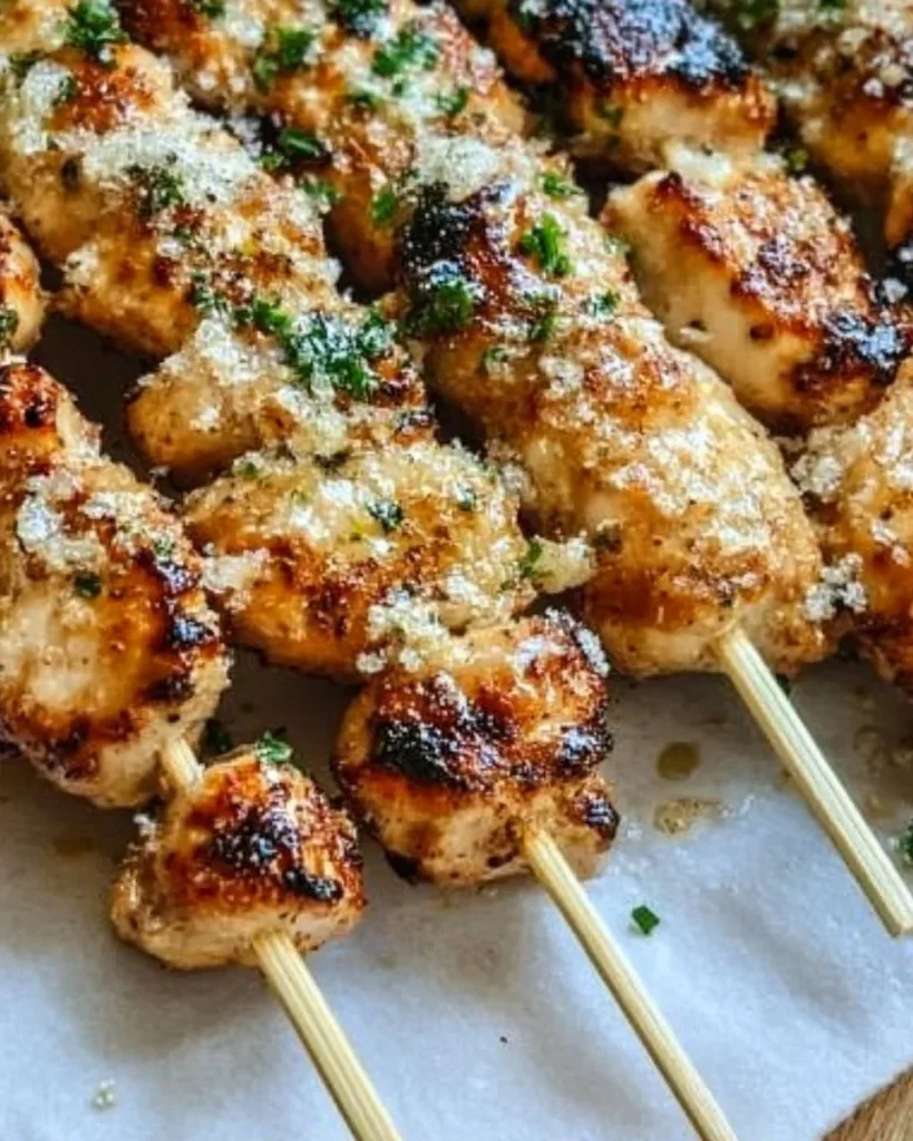 Plate of easy ranch garlic parmesan chicken skewers garnished with herbs.