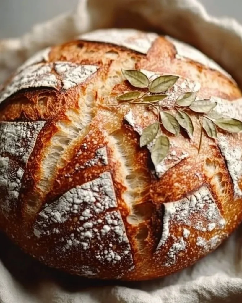 Freshly baked sourdough bread loaf on a wooden cutting board.