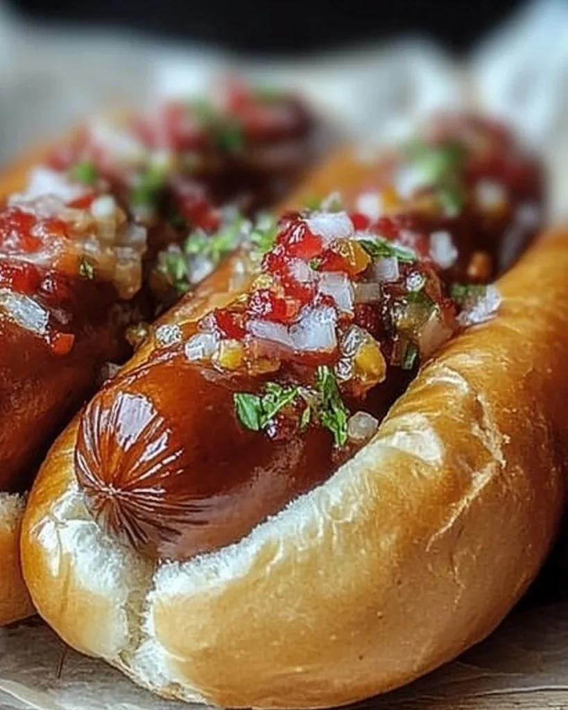 Delicious firecracker hot dogs topped with spicy condiments and garnishes