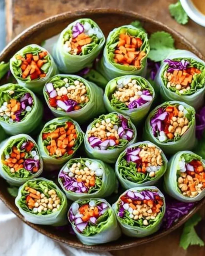 Fresh spring rolls with peanut sauce garnished with herbs and vegetables