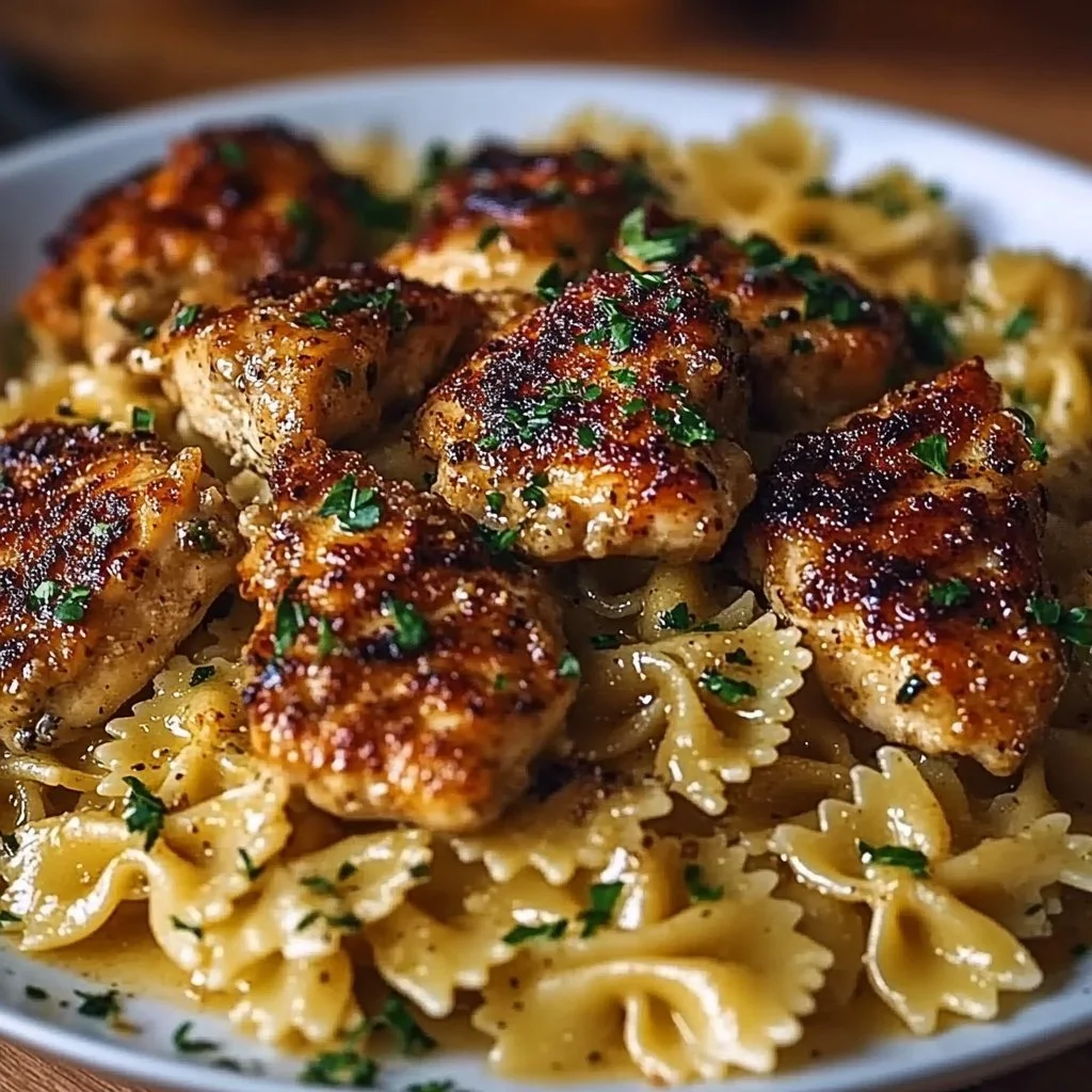 Garlic Butter Chicken served with bowtie pasta for a quick weeknight meal.