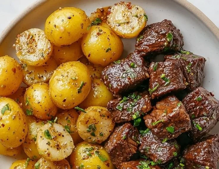 Delicious Garlic Butter Steak Bites with potatoes in a skillet for dinner