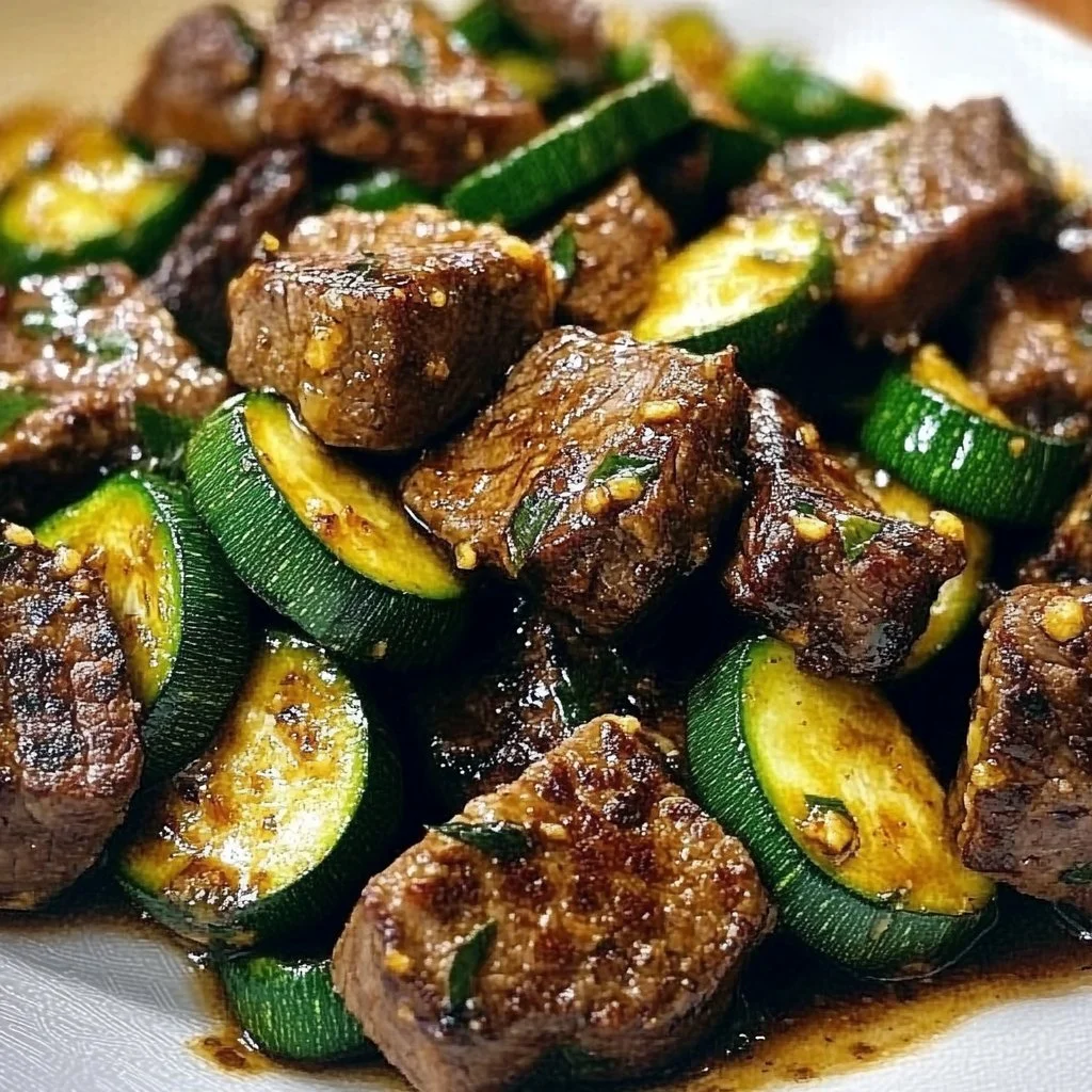 Garlic Butter Steak Bites served with sautéed zucchini on a plate.