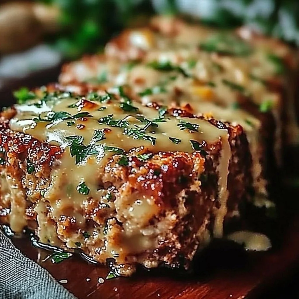Deliciously cooked Garlic Parmesan Meatloaf served on a plate with herbs.