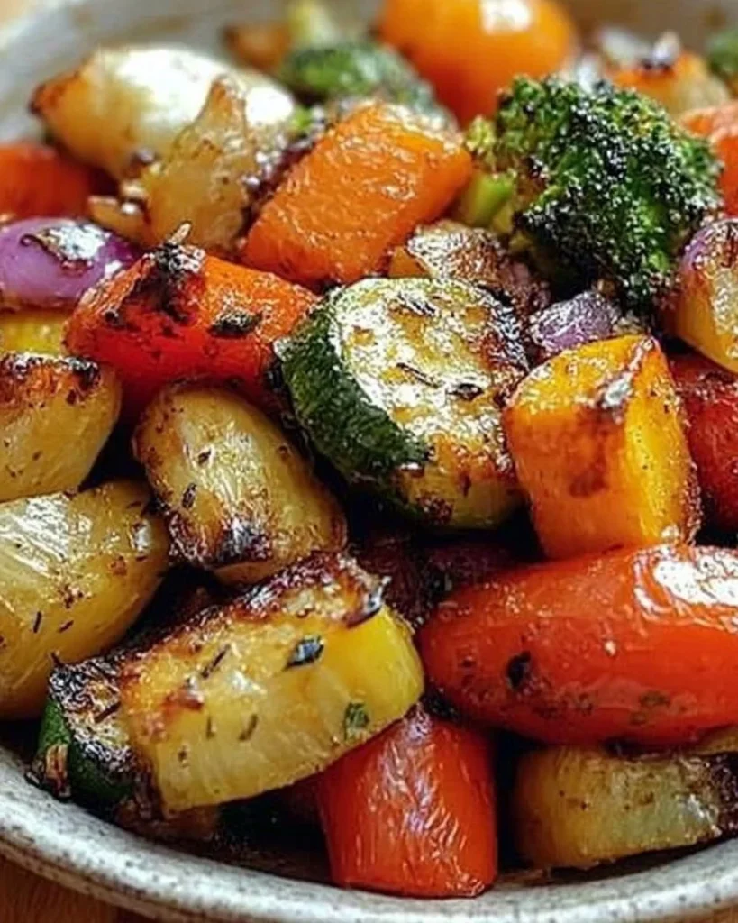 Plated garlic roasted vegetables with vibrant colors and herbs