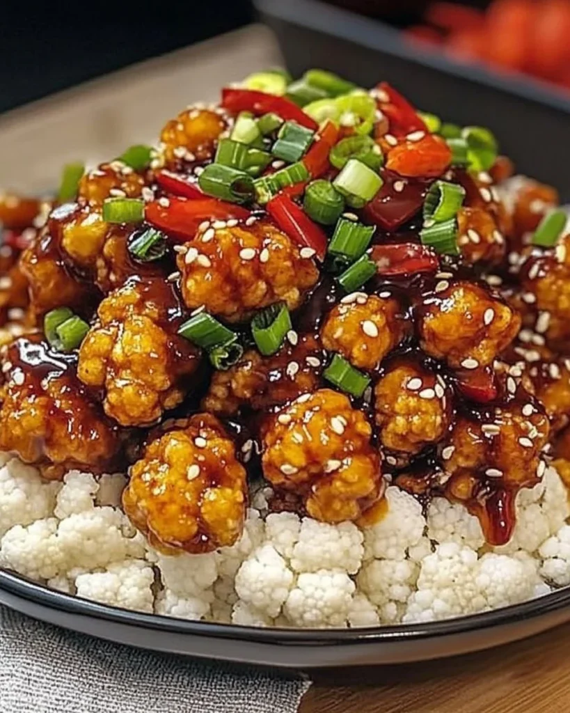 Bowl of General Tso's Cauliflower with vegetables and sauce