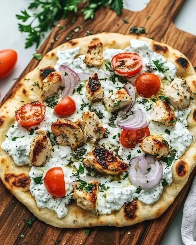 Greek Chicken Flatbread topped with fresh ingredients and herbs