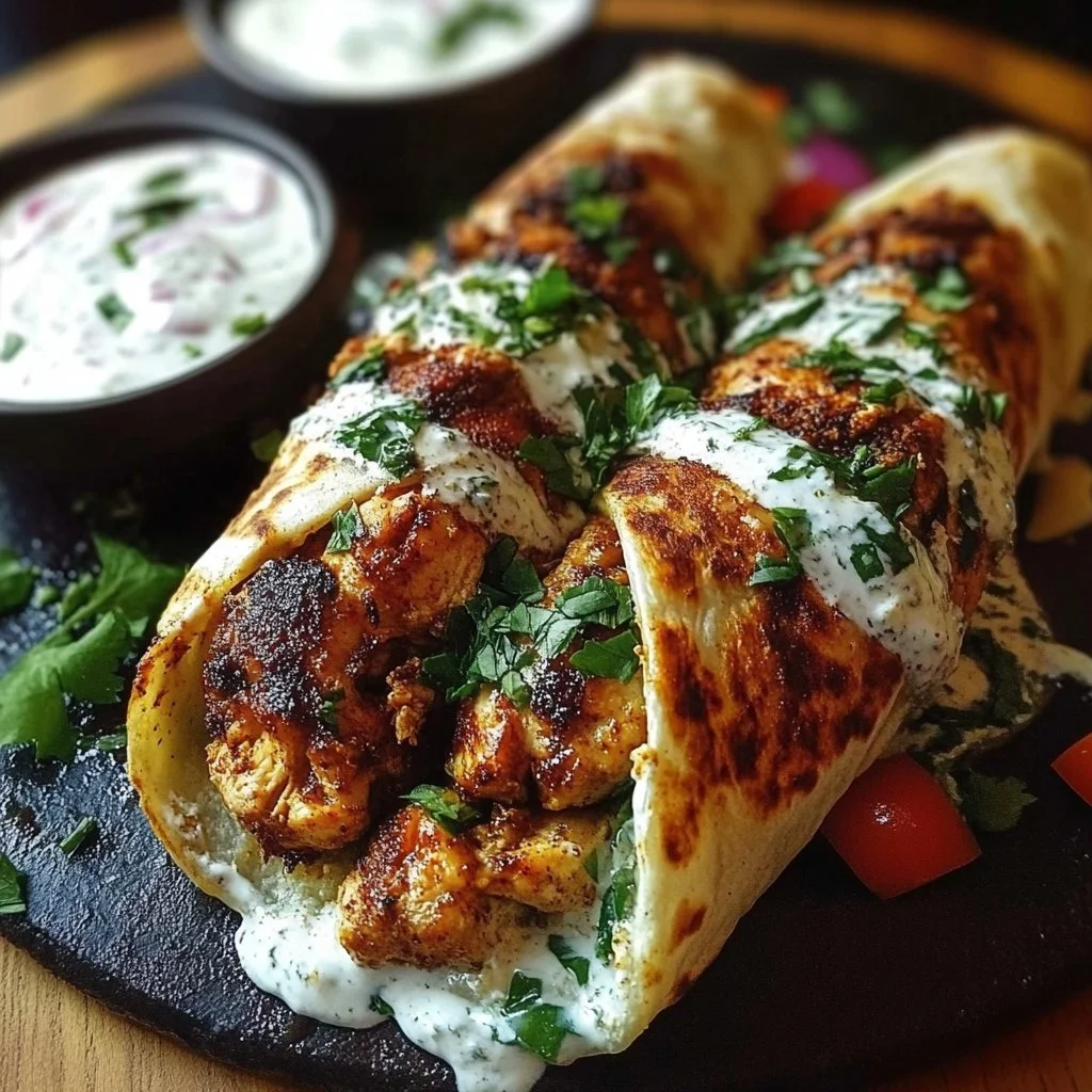 Greek chicken wraps with garlic yogurt sauce served on a plate