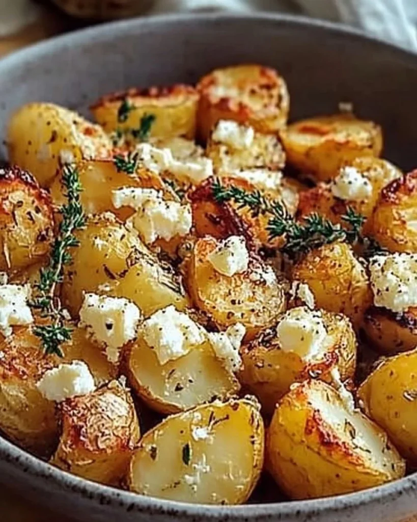 Delicious Greek feta roast potatoes served with fresh herbs