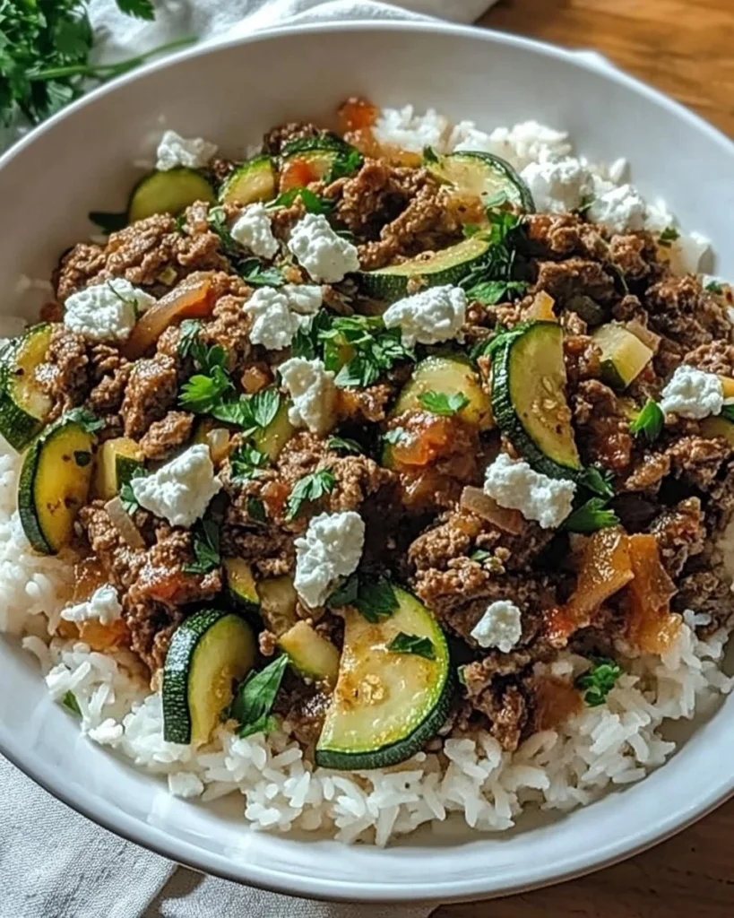 Greek-style beef zucchini rice bowl served in a colorful dish with fresh ingredients.