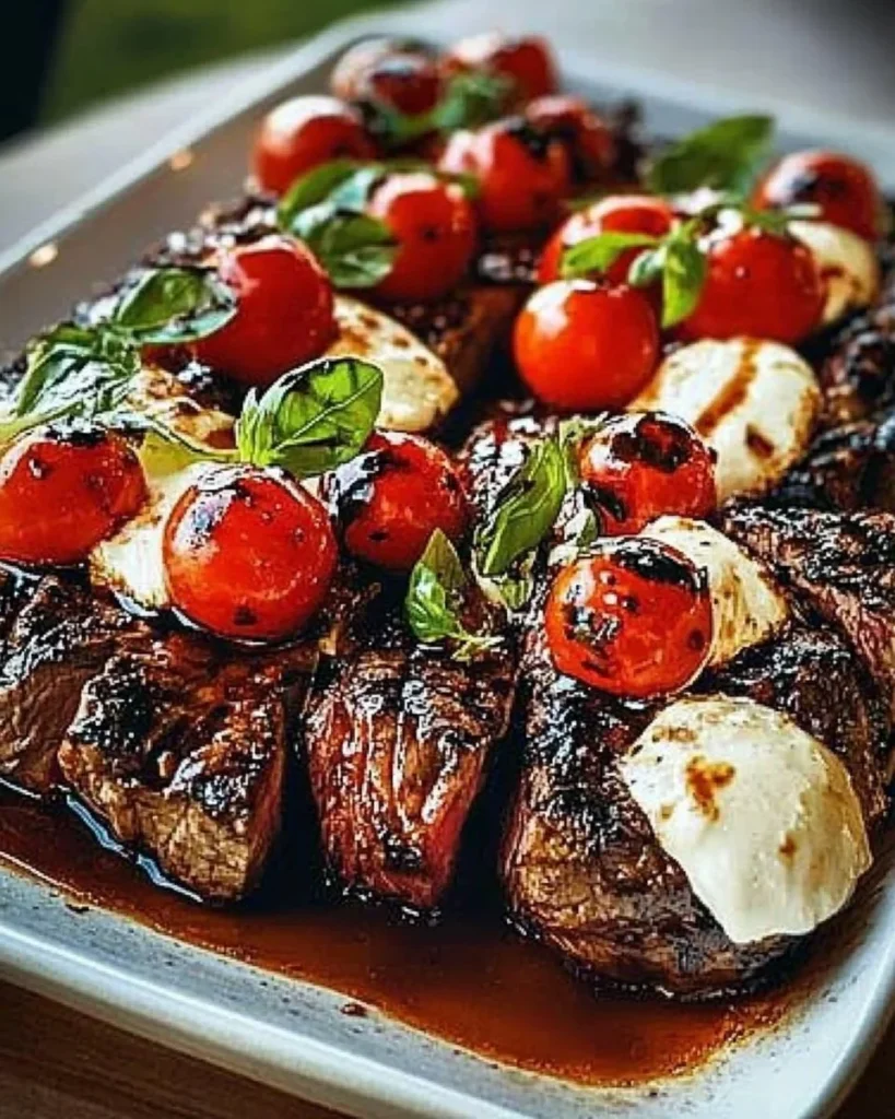 Grilled balsamic steak caprese with fresh tomatoes and mozzarella