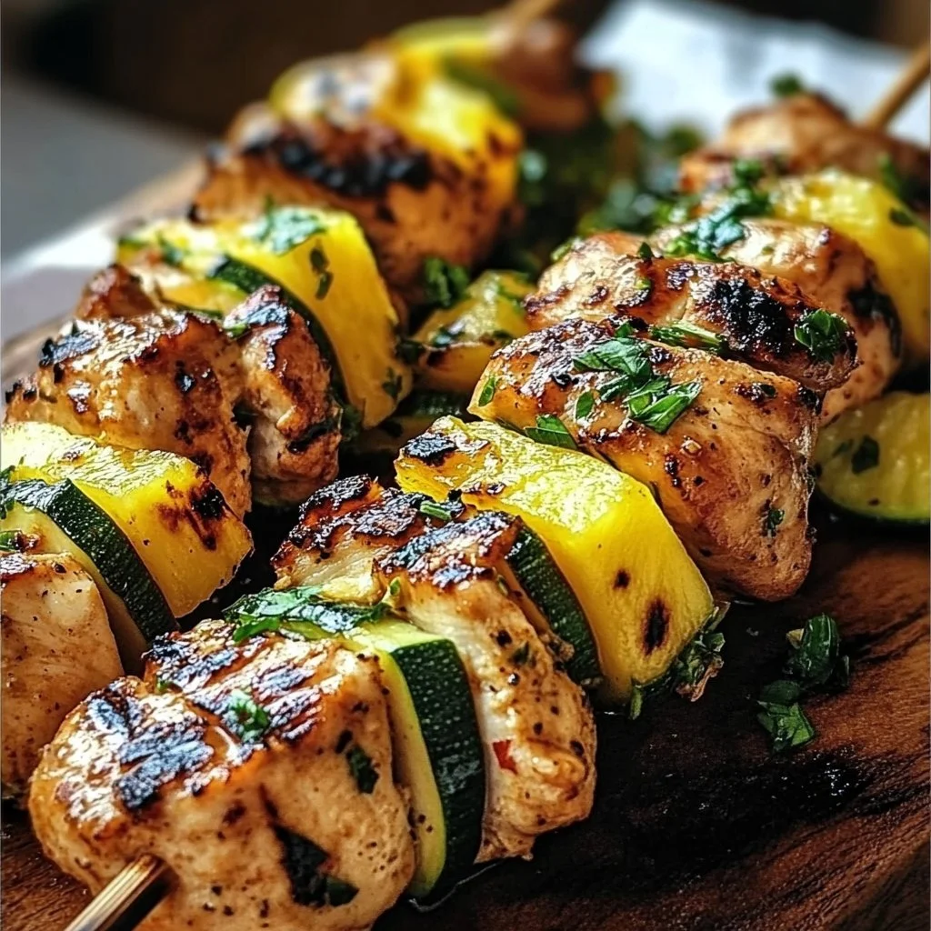 Grilled chicken kabobs with pineapple and zucchini on a serving plate