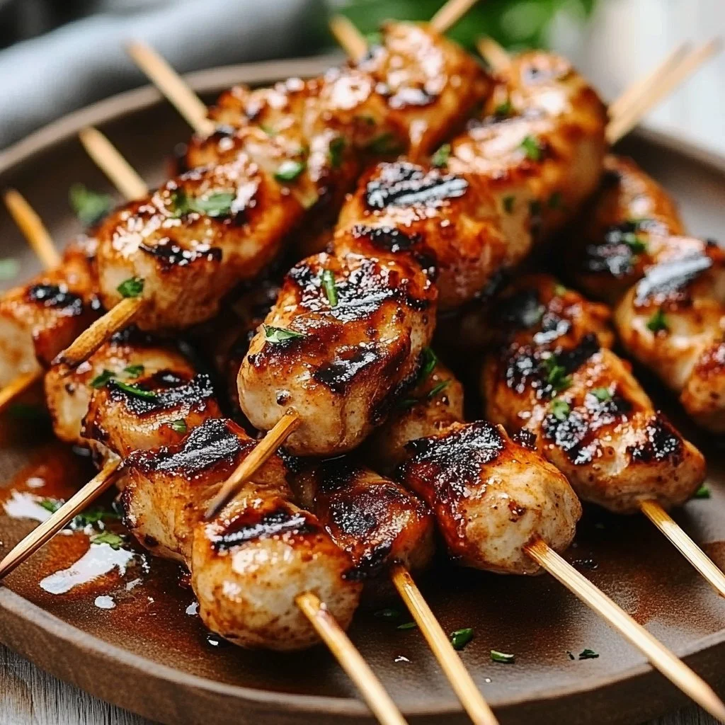 Grilled chicken skewers marinated and ready to serve at a summer barbecue